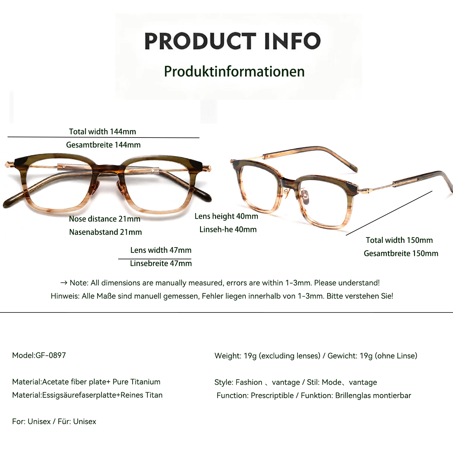 Vintage Handmade Glasses with Pure Titanium Metal Frames