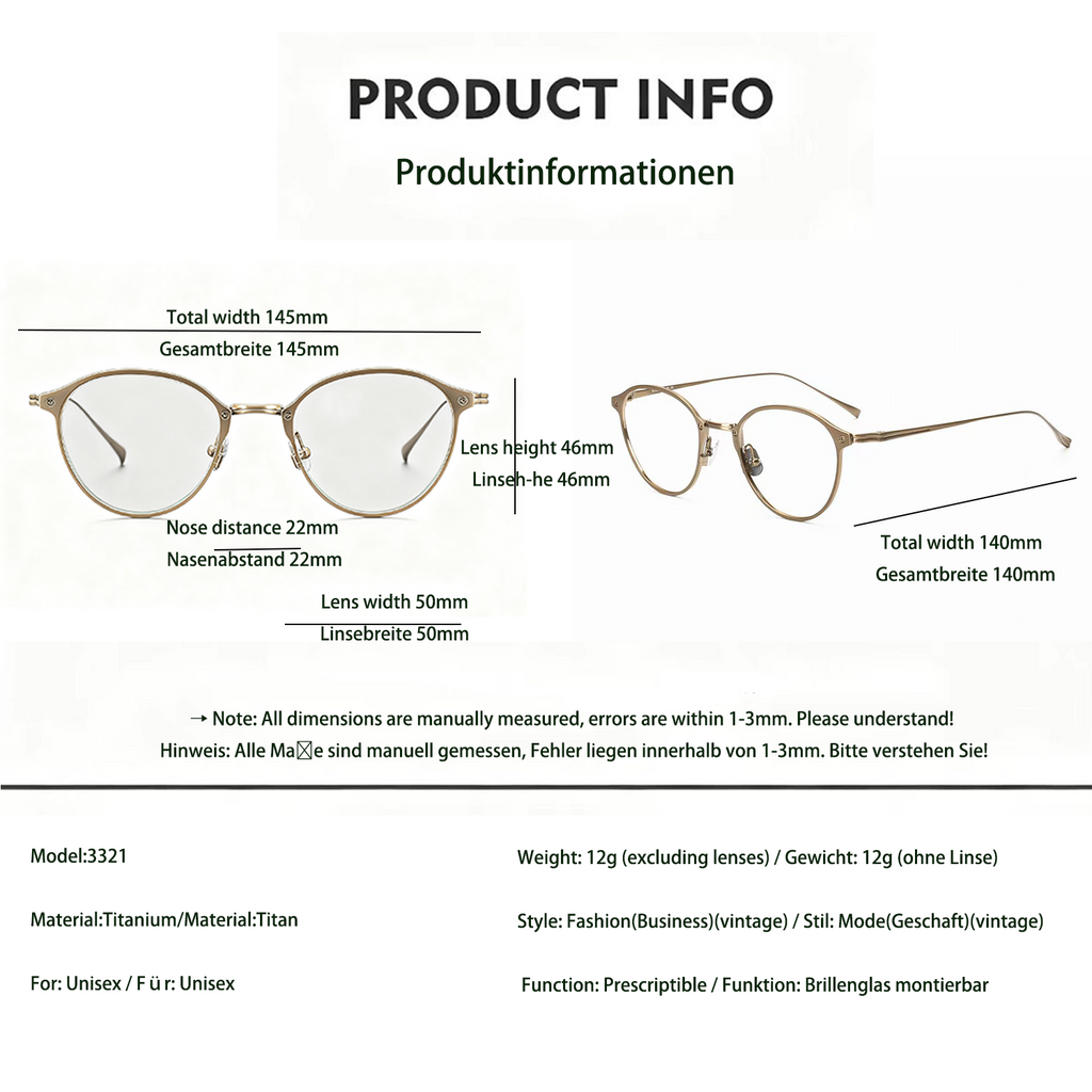 Business-Chic Retro Full-Titanium Ultra-Clear Metal Eyeglass Frames Unisex Available in Three Colors