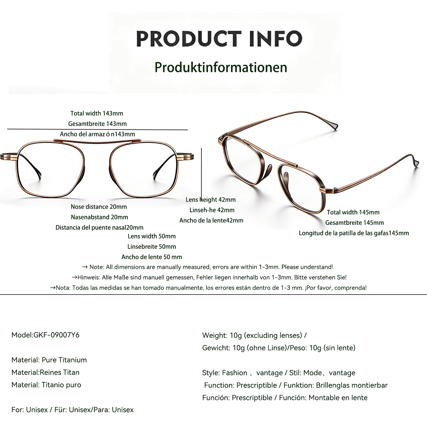 Hypoallergenic, non-discoloring pure titanium fashion glasses